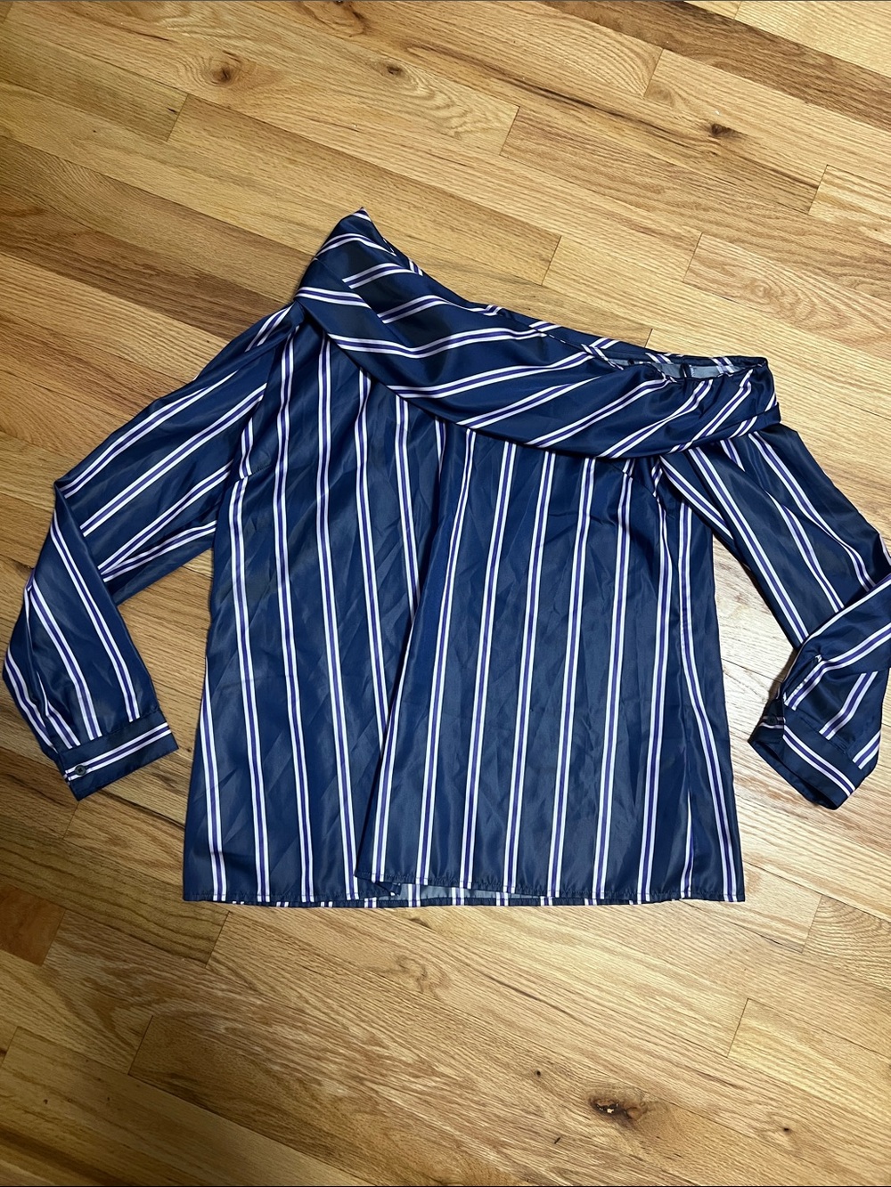 Banana Republic Navy and White Off-Shoulder Striped Blouse